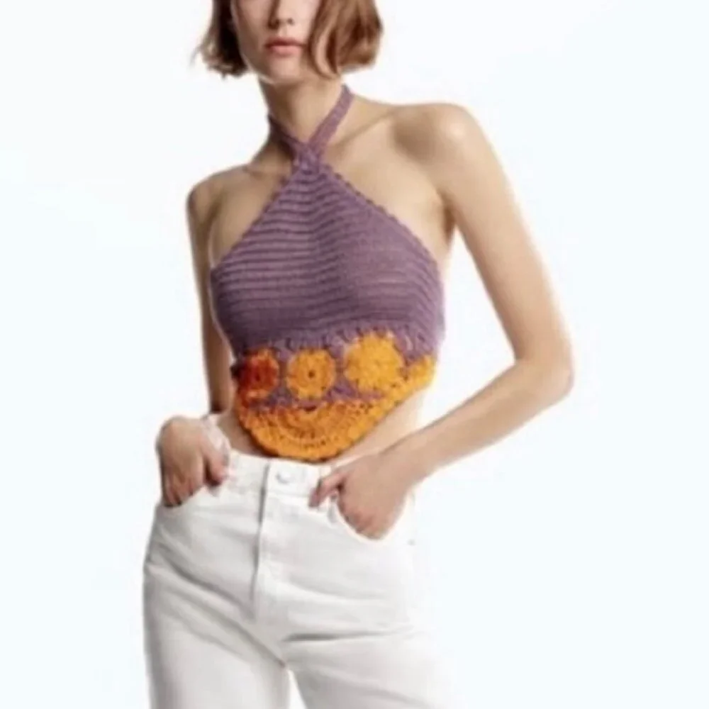 Zara Crochet Boho Knit Halter Top Size Medium - Picture 2 of 6